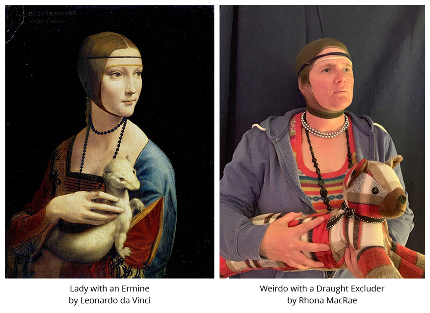 Lady with an Ermine by Leonardo da Vinci. Weirdo with a Draught Excluder by Rhona MacRae. #all4won #abdnartmuseums
