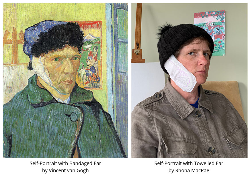 Self-Portrait with Bandaged Ear by Vincent van Gogh. Self-Portrait with Towelled Ear by Rhona MacRae. #all4won #abdnartmuseums